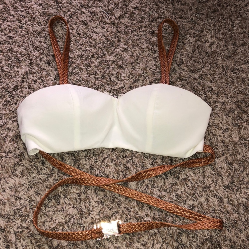 Akira M sexy wrap around crop top wrap around braided belt white/tan bra top - Picture 2 of 4